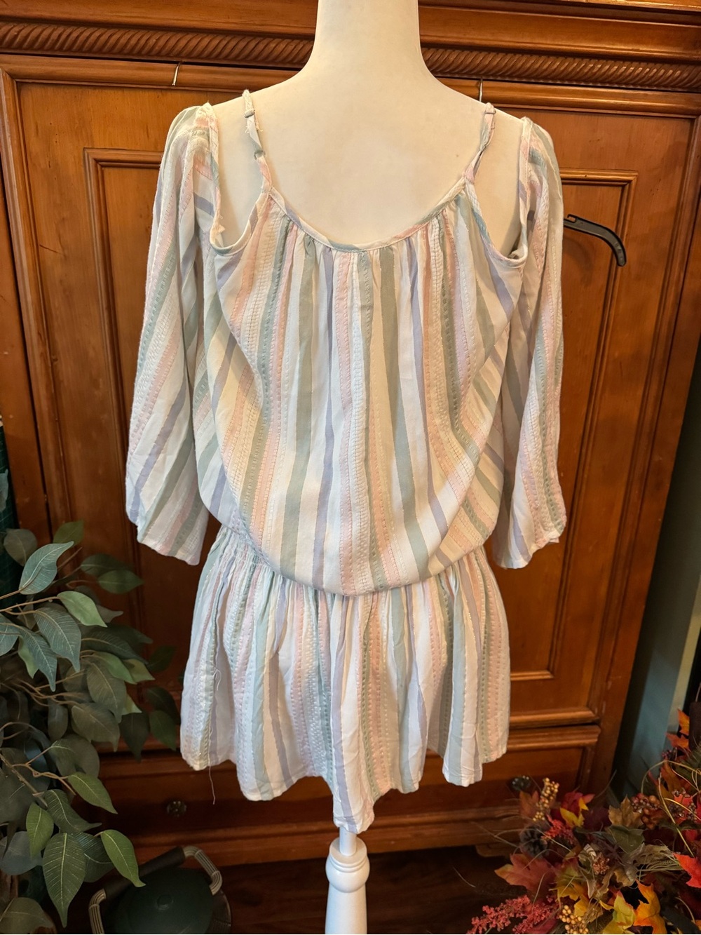 Surf Gypsy Pastel Striped Cold-Shoulder Mini Dress with Tassels - Picture 4 of 6